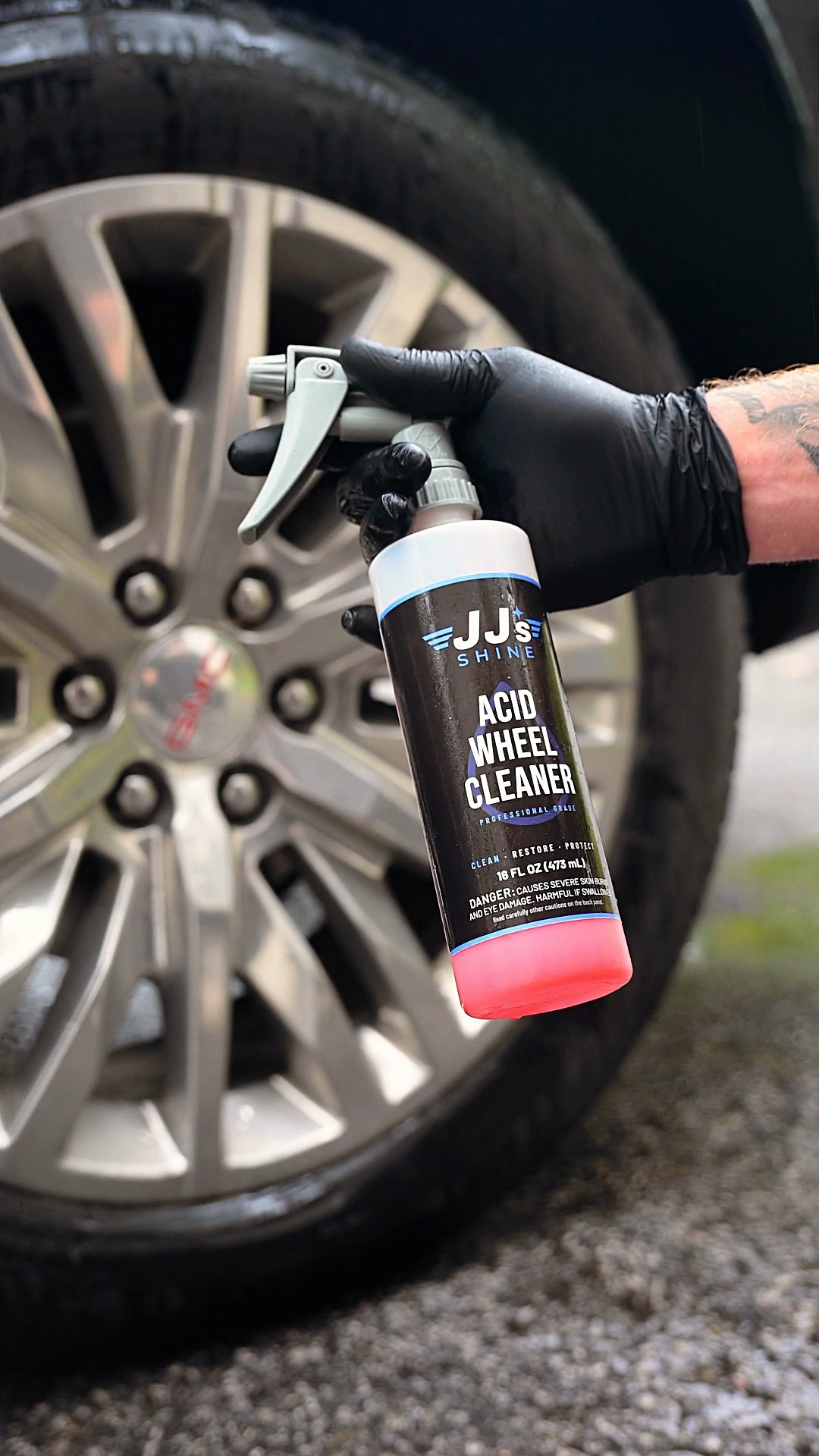 JJ's Acid Wheel Cleaner in use: the bottle at the wheel