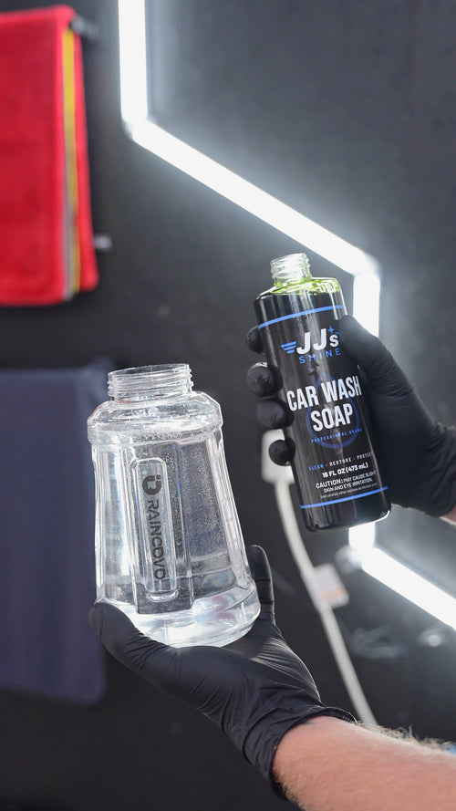 JJ's Car Wash Soap held up beside the empty foam cannon