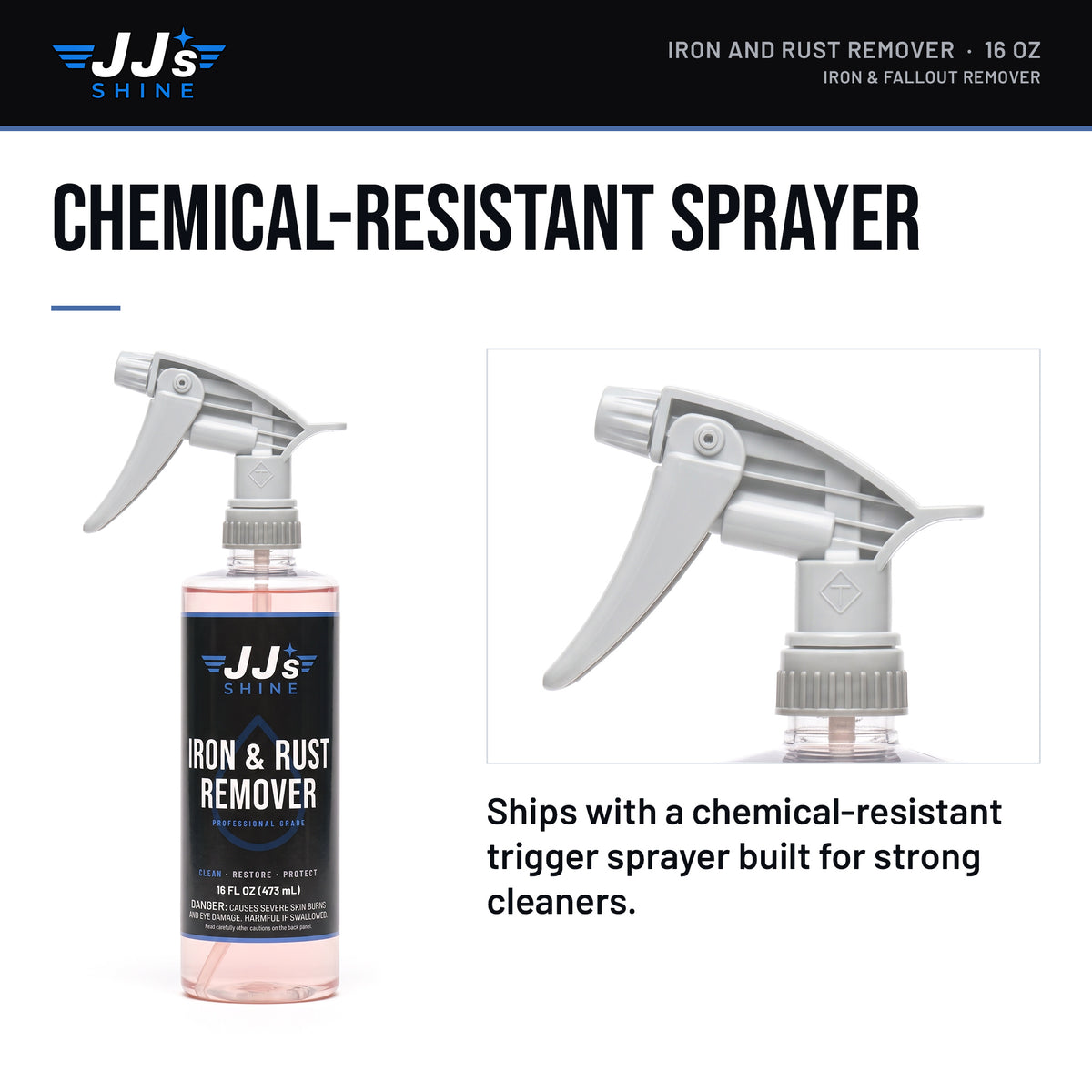 JJ's Iron and Rust Remover, Iron & Fallout Remover: chemical-resistant sprayer. Ships with a chemical-resistant trigger sprayer built for strong cleaners.