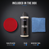 Included in the box: foam applicator and microfiber towel