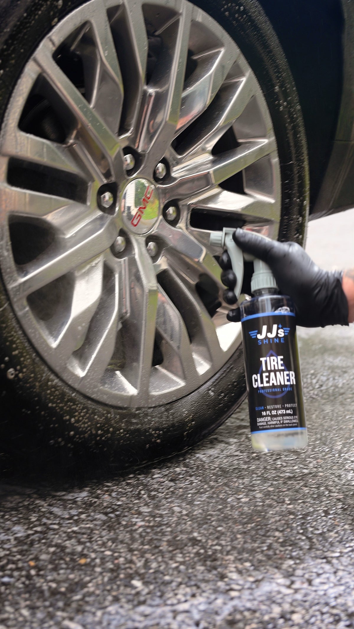 JJ's Tire & Wheel Cleaner in use: spraying the tire