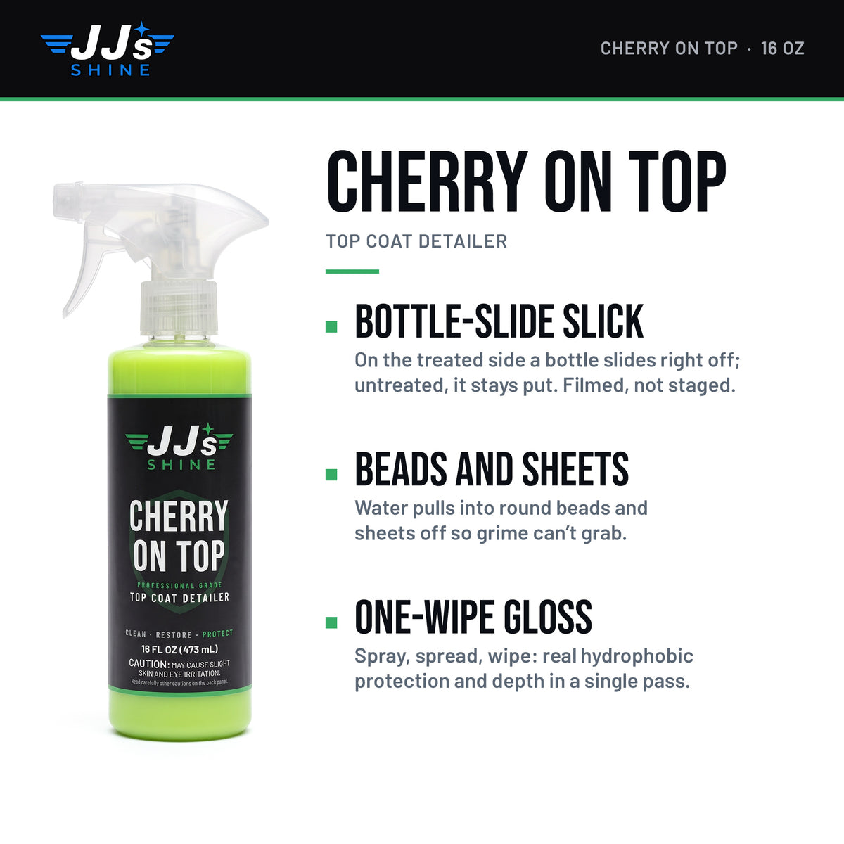 JJ's Cherry On Top, Top Coat Detailer: Bottle-Slide Slick. On the treated side a bottle slides right off; untreated, it stays put. Filmed, not staged. Beads And Sheets. Water pulls into round beads and sheets off so grime can't grab. One-Wipe Gloss. Spray, spread, wipe: real hydrophobic protection and depth in a single pass.