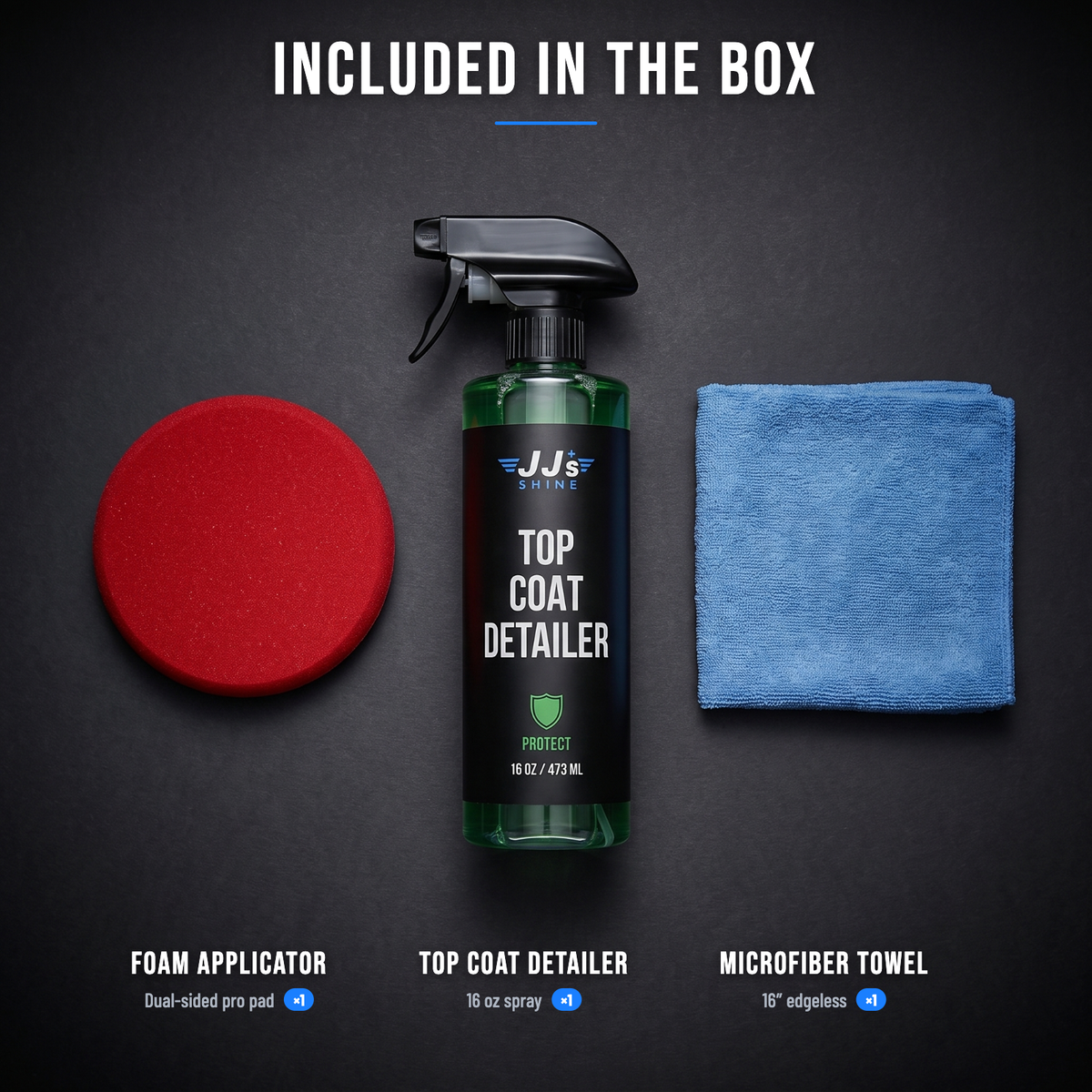Included in the box: foam applicator and microfiber towel