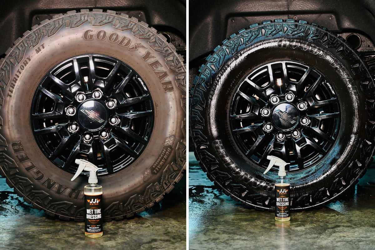 Two photos of one tire with JJ's Wet Tire Dressing standing in front: bare rubber before, the wet finish after