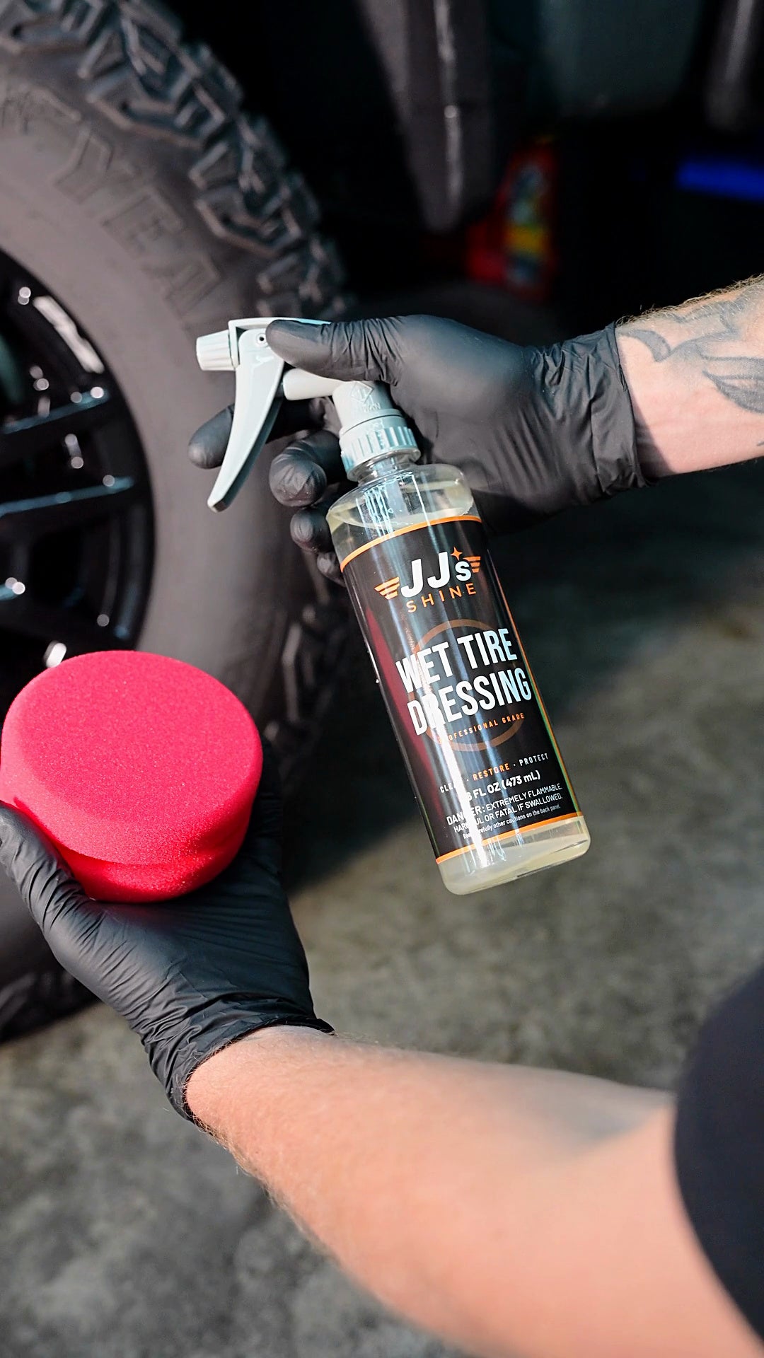 JJ's Wet Tire Dressing in use: the bottle and pad