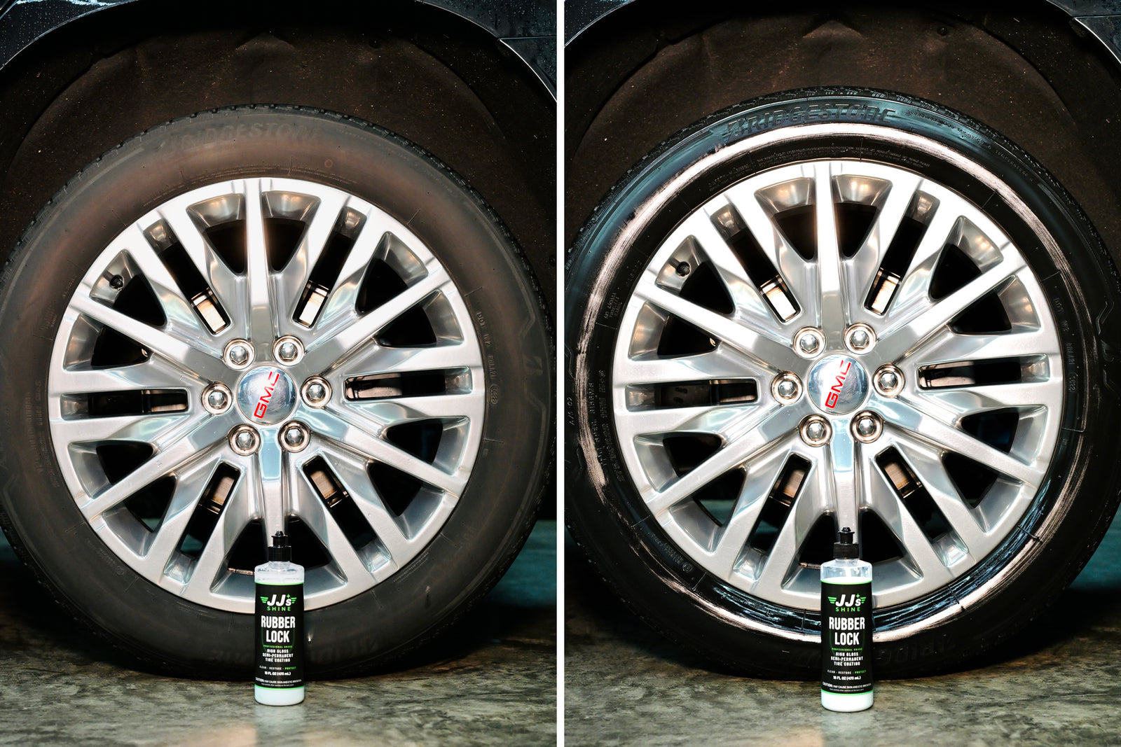 Two photos of one tire with JJ's Rubber Lock standing in front: bare rubber before, the coated finish after