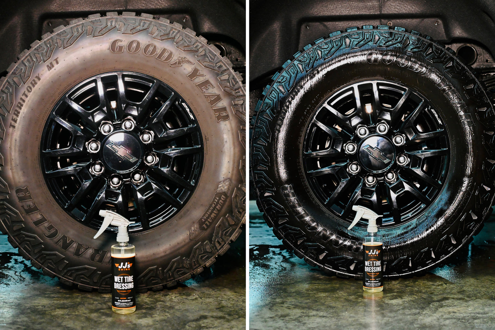 Two photos of one tire with JJ's Wet Tire Dressing standing in front: bare rubber before, the wet finish after