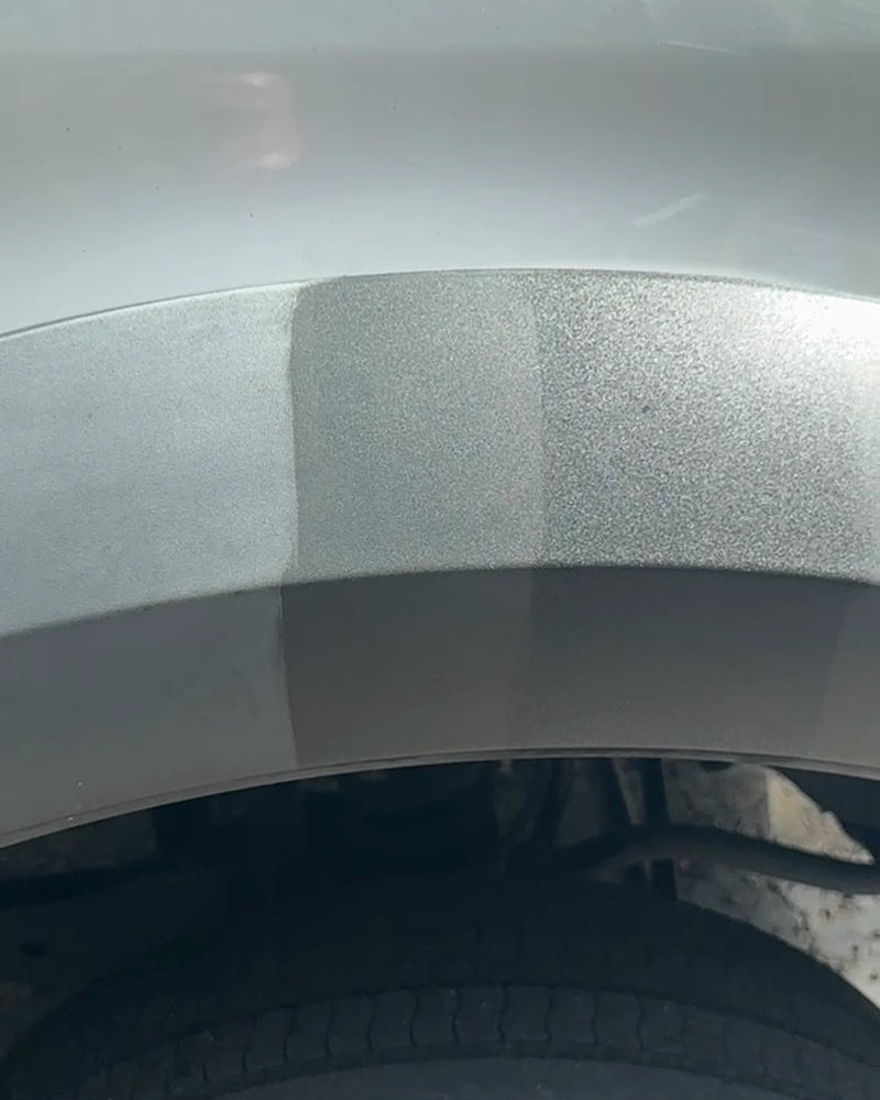 Grey truck trim in three zones: as it started, cleaned only, and cleaned then restored with Dark Secret